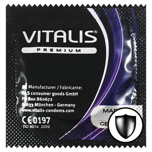 Vitalis Strong natural rubber latex condoms, thicker for extra safety, lubricated with reservoir end, packaged for premium quality.