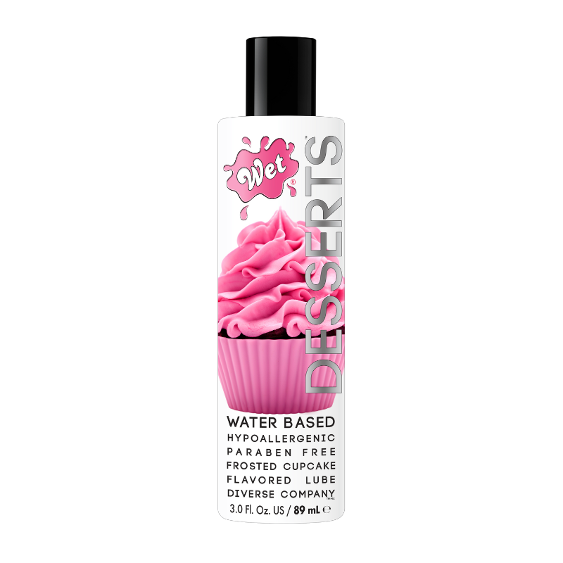 Wet Desserts Frosted Cupcake water-based lubricant bottle with frosted cupcake flavor, showcasing its colorful packaging and enticing design.