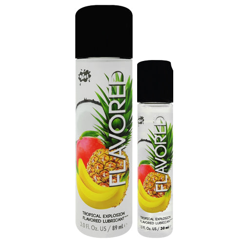 Wet Flavored Tropical Explosion water-based lubricant bottle with tropical fruit flavor, designed for intimate pleasure.