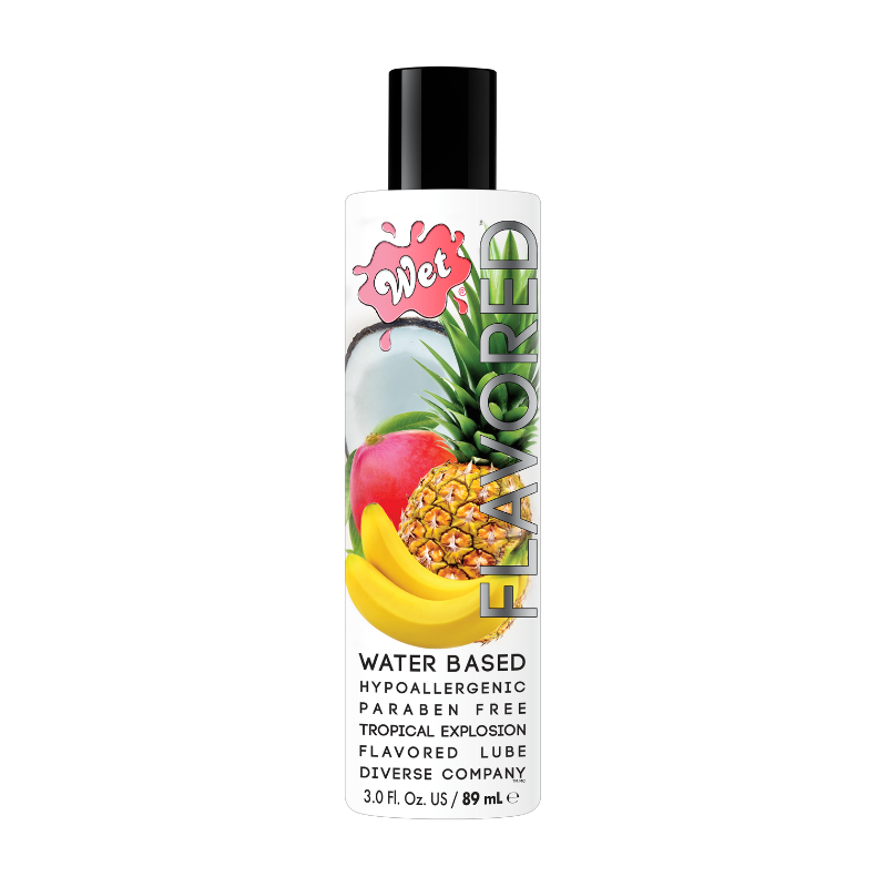 Wet Flavored Tropical Explosion water-based lubricant bottle with tropical fruit flavor, designed for intimate pleasure.