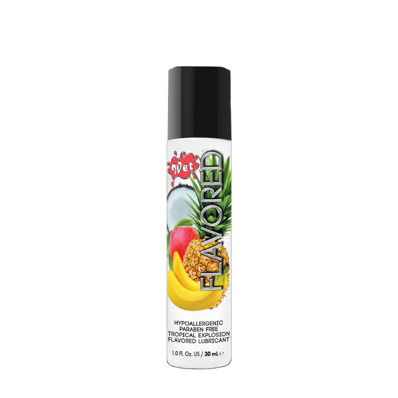 Wet Flavored Tropical Explosion water-based lubricant bottle with tropical fruit flavor, designed for intimate pleasure.