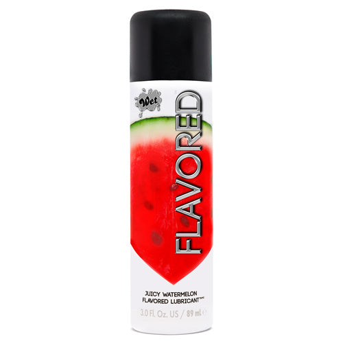 A bottle of Wet Juicy Watermelon water-based lubricant with a vibrant watermelon design, showcasing its enticing scent and smooth texture.