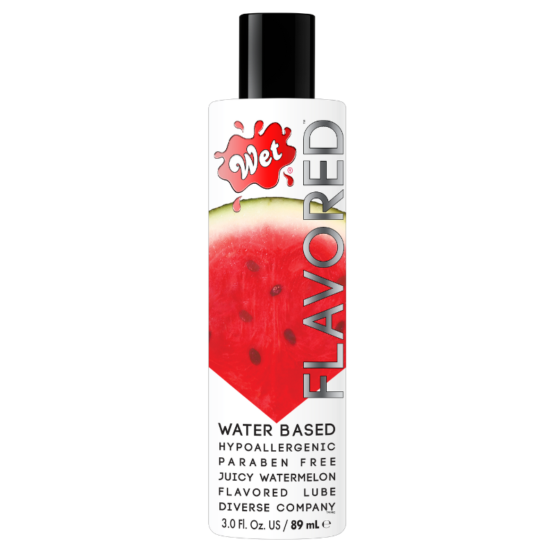 A bottle of Wet Juicy Watermelon water-based lubricant with a vibrant watermelon design, showcasing its enticing scent and smooth texture.