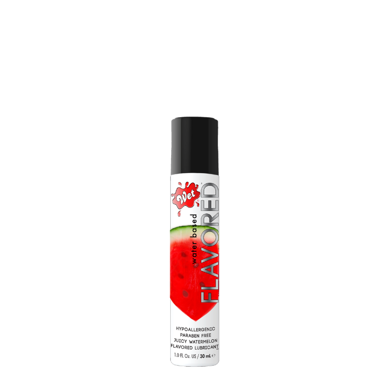 A bottle of Wet Juicy Watermelon water-based lubricant with a vibrant watermelon design, showcasing its enticing scent and smooth texture.