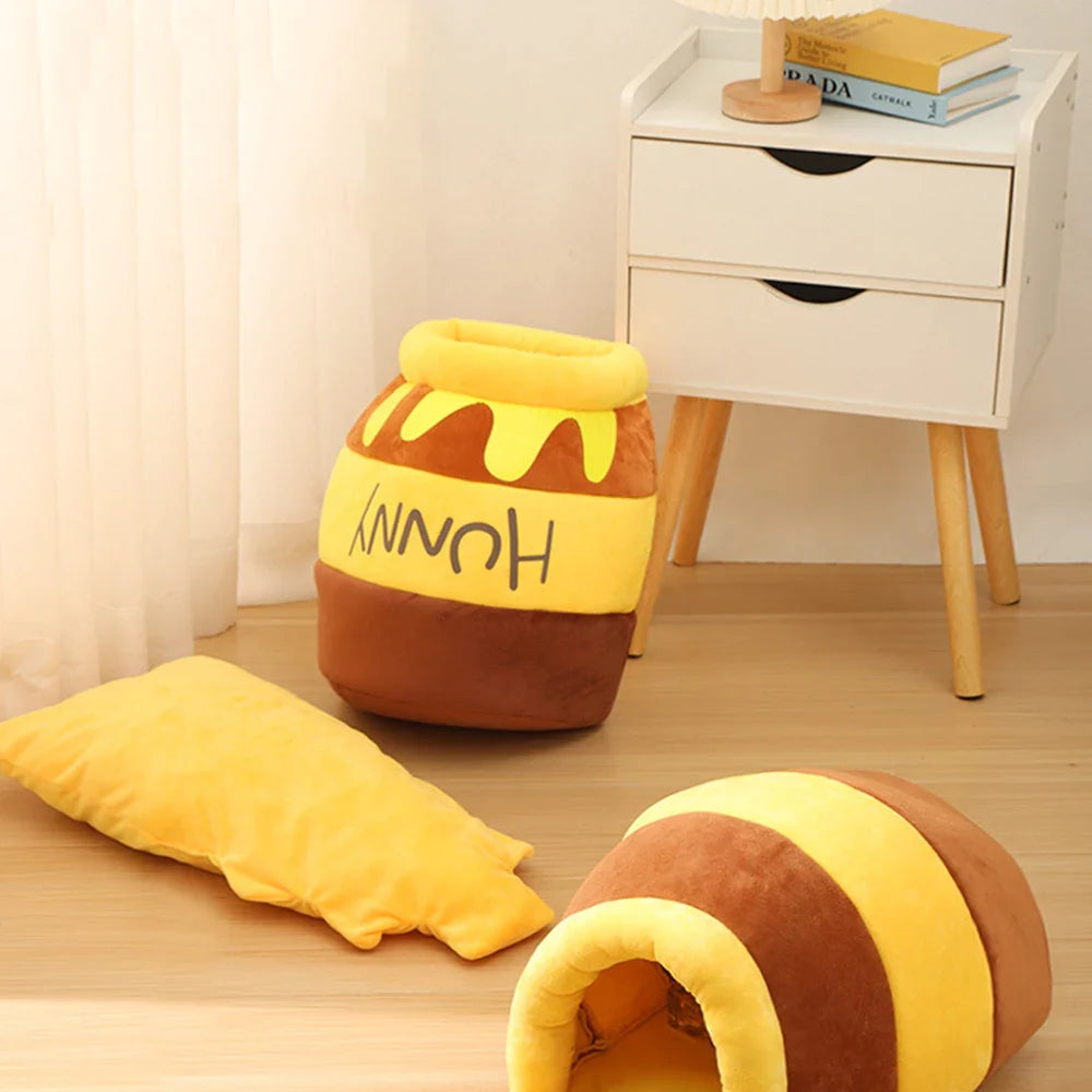 Adorable Honey Jar Theme Cat Bed featuring a plush honey jar design, perfect for cozy cat naps.