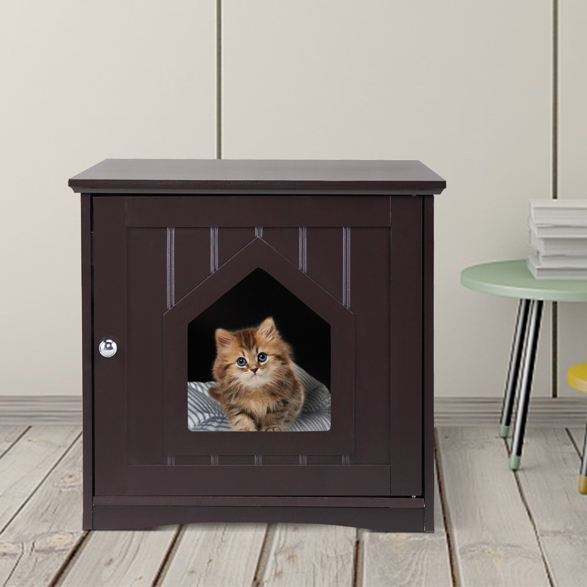 Stylish Cat House Condo for pets with hinged door and spacious top for storage, made from durable P2 density board in espresso finish.