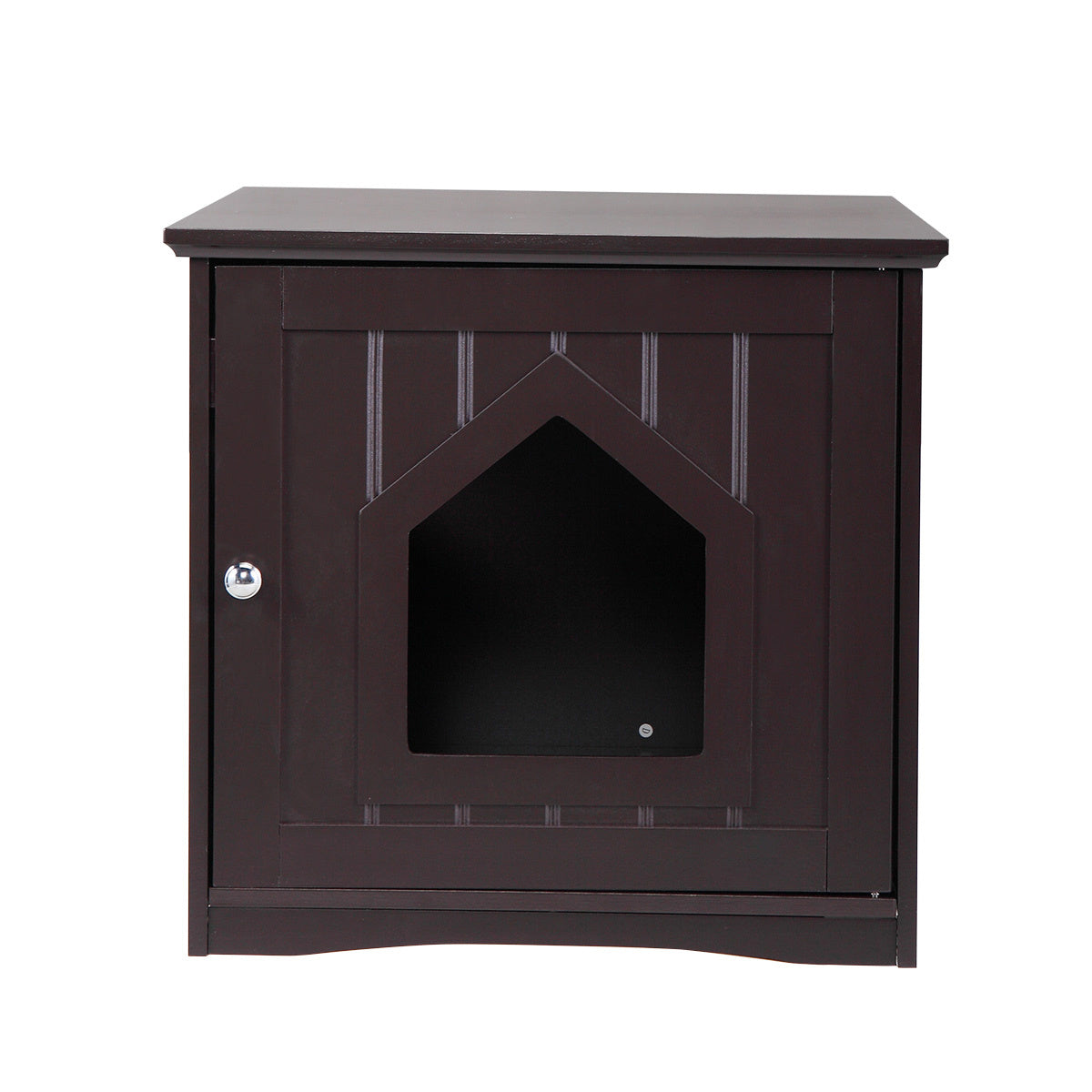 Stylish Cat House Condo for pets with hinged door and spacious top for storage, made from durable P2 density board in espresso finish.