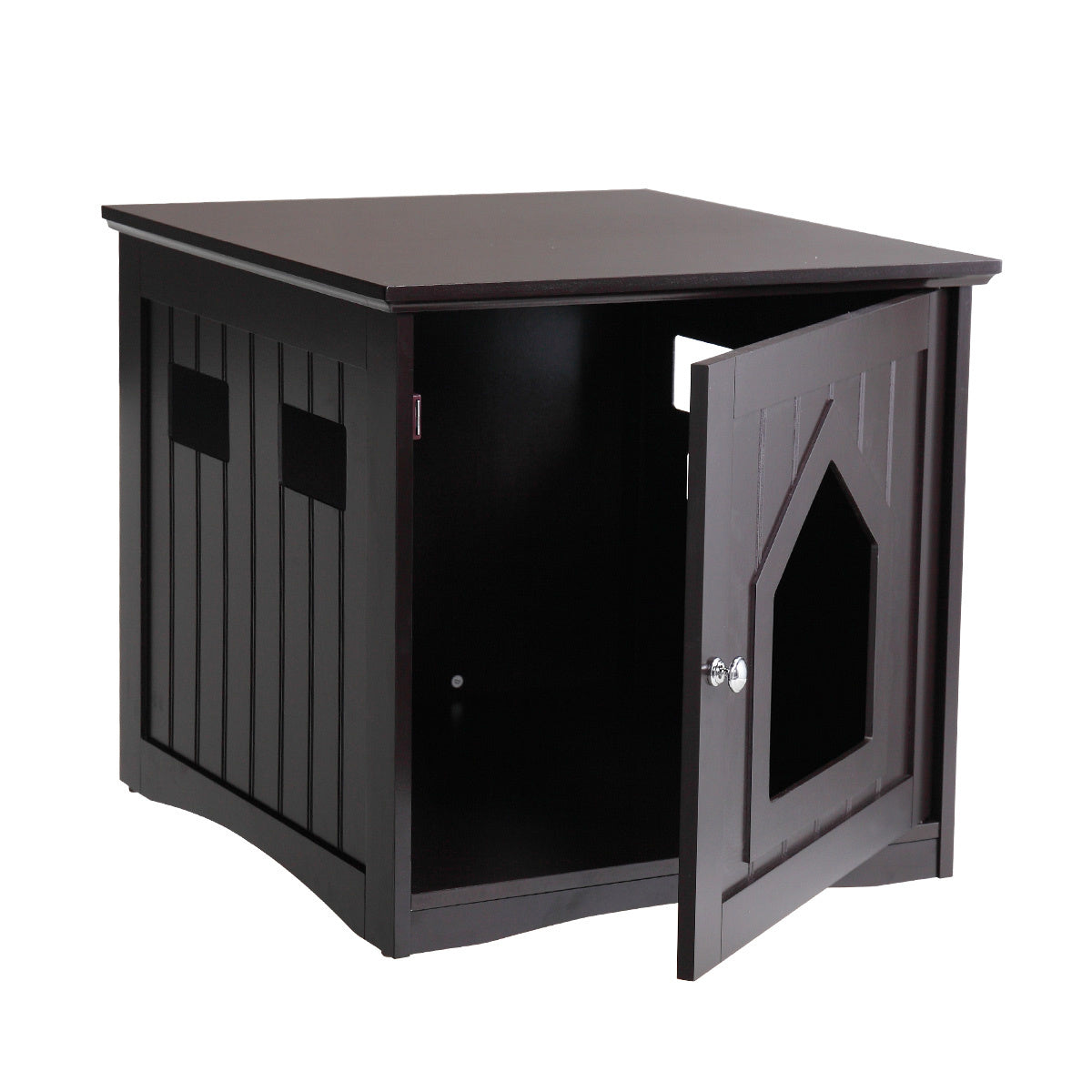 Stylish Cat House Condo for pets with hinged door and spacious top for storage, made from durable P2 density board in espresso finish.