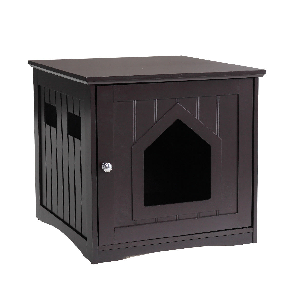 Stylish Cat House Condo for pets with hinged door and spacious top for storage, made from durable P2 density board in espresso finish.