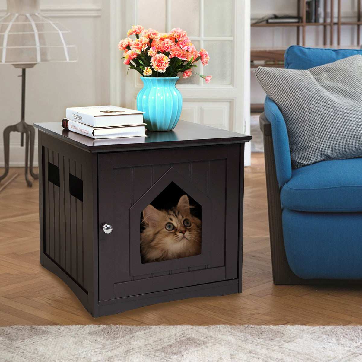 Stylish Cat House Condo for pets with hinged door and spacious top for storage, made from durable P2 density board in espresso finish.