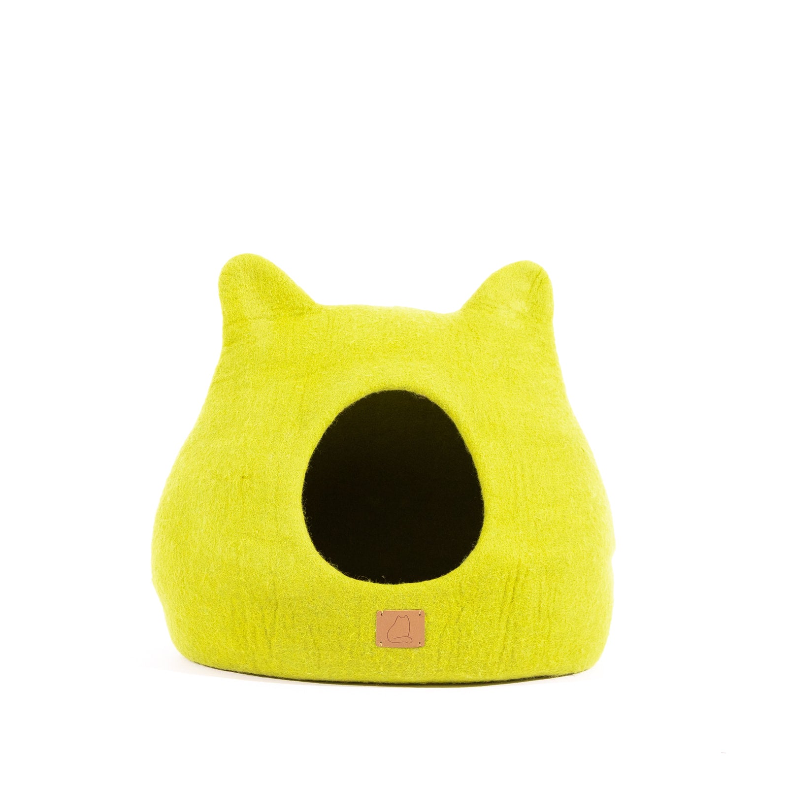 Citrus Green Ear Style Cave made of luxurious felted wool, featuring a peekaboo design for cats to snuggle and play comfortably.