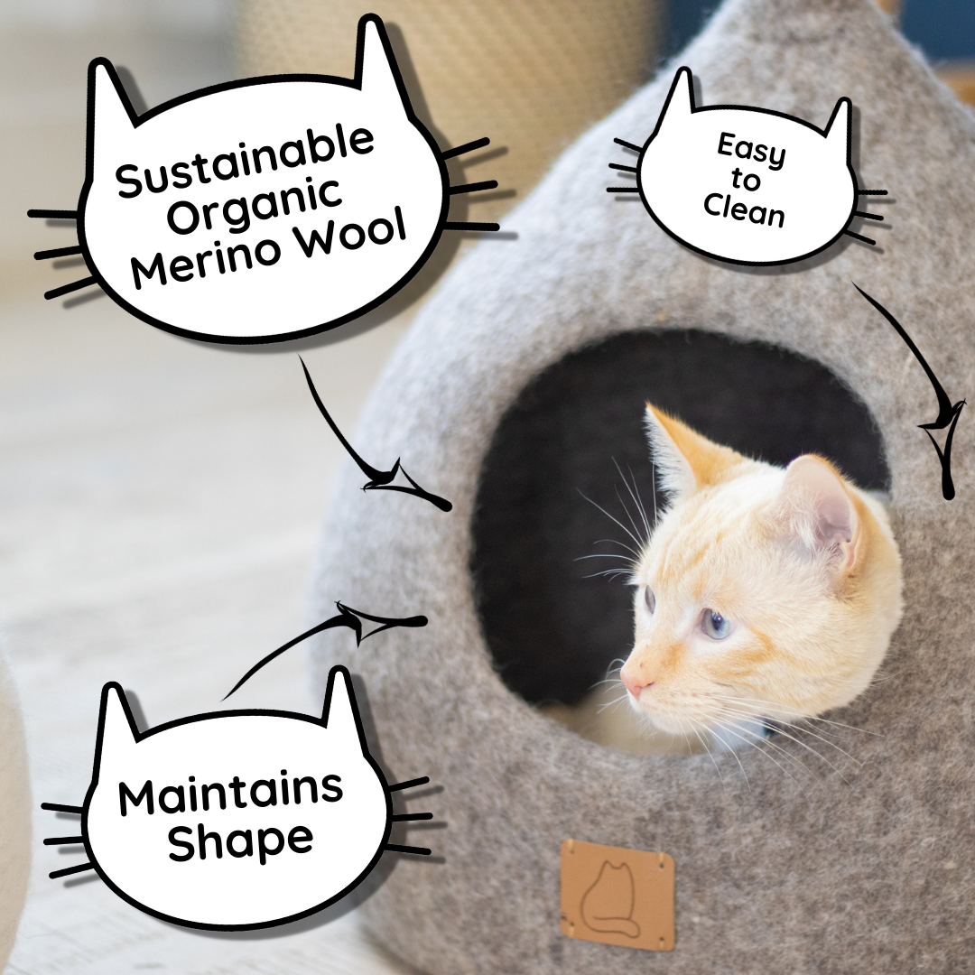 Citrus Green round style cat cave bed made from luxurious felted wool, featuring a peekaboo design for cats to relax and play.