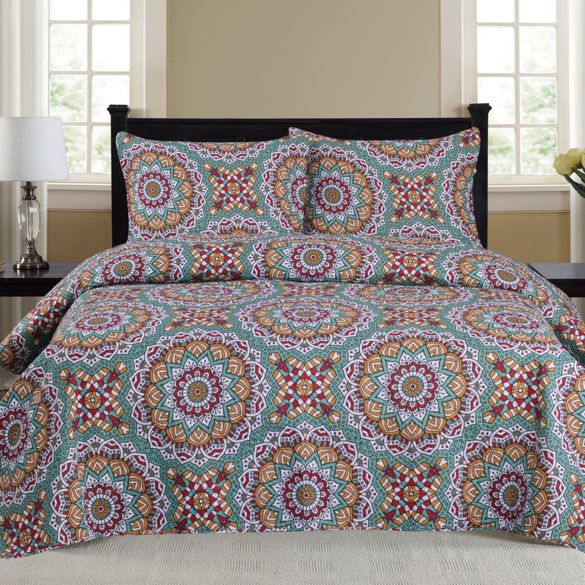 Cynthia 3 Piece Quilt Set featuring a vibrant multi-color design with a quilt and two matching pillow shams, perfect for enhancing bedroom decor.