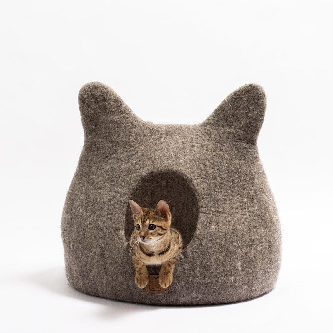 Earth Brown Felted Wool Peekaboo Cat Cave, a cozy and stylish retreat for cats, featuring a warm color and spacious design.