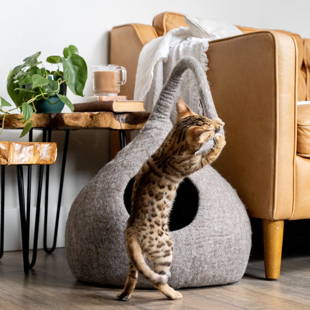 Earth Brown Tail Style Cave, a cozy and stylish cat cave made from premium felted wool, featuring a peekaboo entrance and modern design.