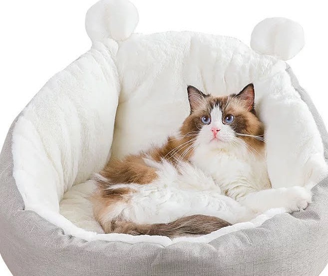 Grey medium cat bed sleeping bag, ultra-soft plush material with non-skid bottom, perfect for cozy naps.