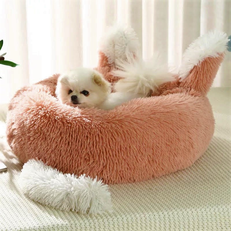 Fast Shipping Plush Pet Bed with Ears and Tail, designed for cats and small dogs, featuring soft faux shag fur and anti-skid bottom.