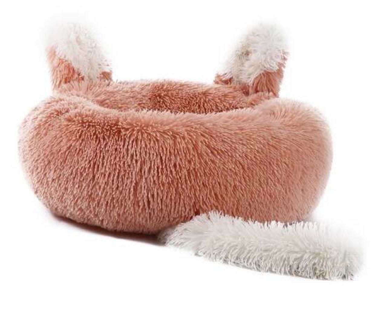 Fast Shipping Plush Pet Bed with Ears and Tail, designed for cats and small dogs, featuring soft faux shag fur and anti-skid bottom.