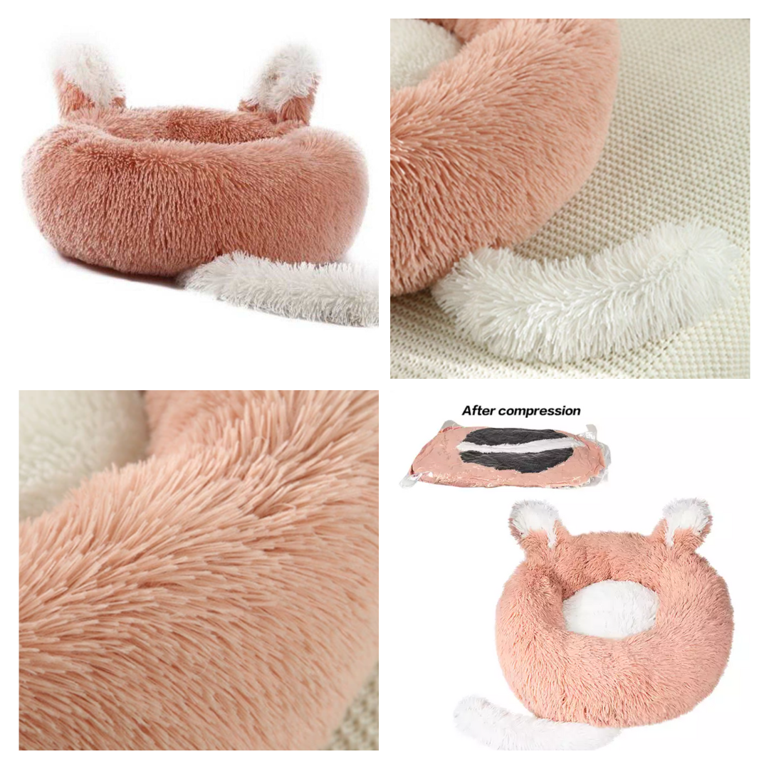 Fast Shipping Plush Pet Bed with Ears and Tail, designed for cats and small dogs, featuring soft faux shag fur and anti-skid bottom.