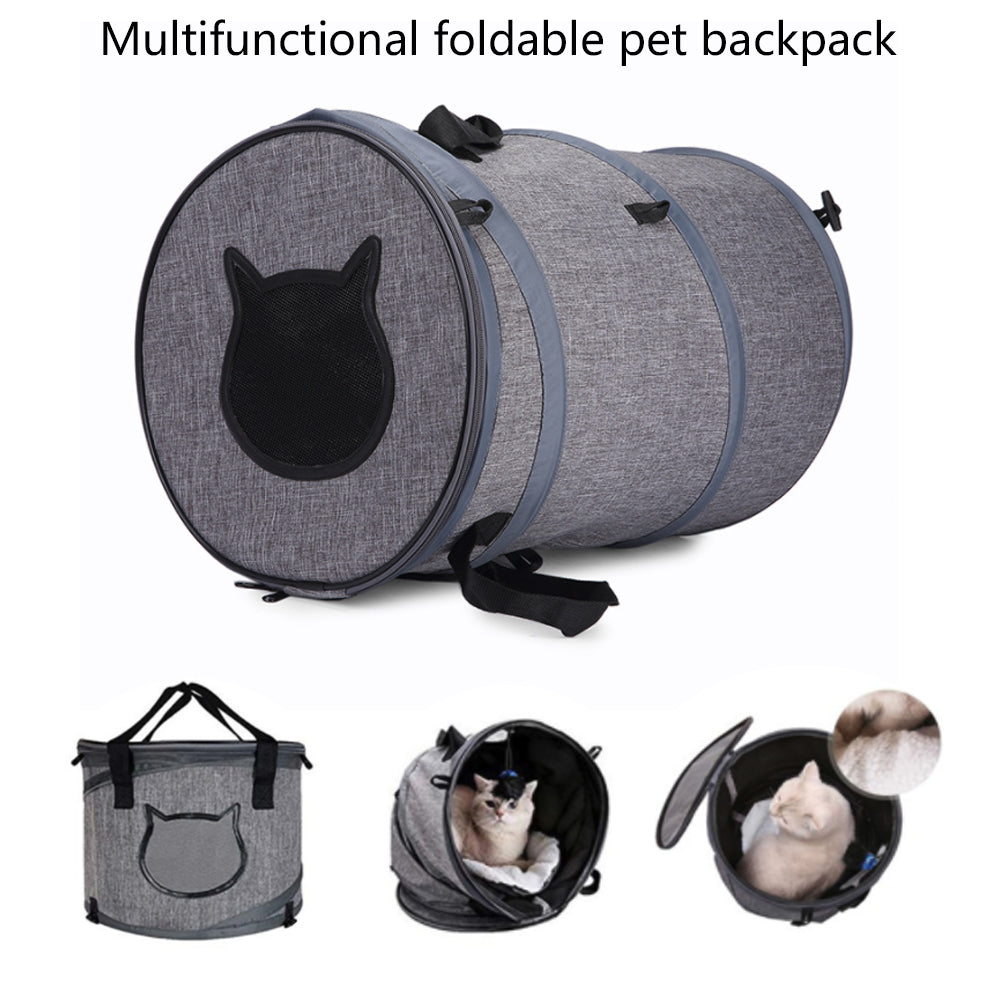 Foldable Pet Cat Carrier Bag in gray, featuring a skylight design, spacious interior for pets, and multiple storage pockets for travel essentials.