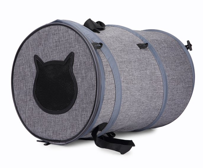 Foldable Pet Cat Carrier Bag in gray, featuring a skylight design, spacious interior for pets, and multiple storage pockets for travel essentials.