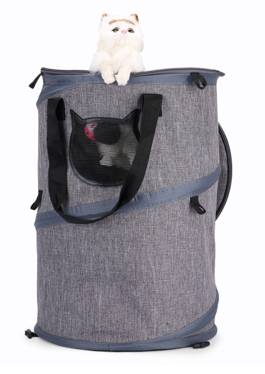 Foldable Pet Cat Carrier Bag in gray, featuring a skylight design, spacious interior for pets, and multiple storage pockets for travel essentials.