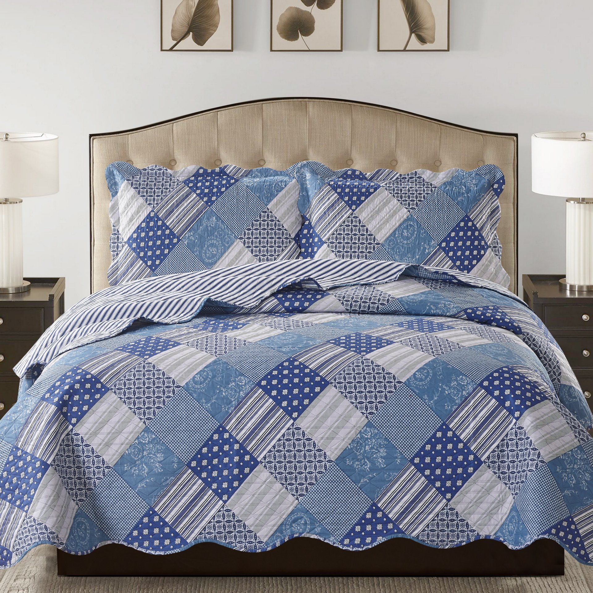 Jennifer 3 Piece Quilt Set in Blue, featuring a quilt and two matching pillow shams, elegantly styled for a cozy bedroom decor.