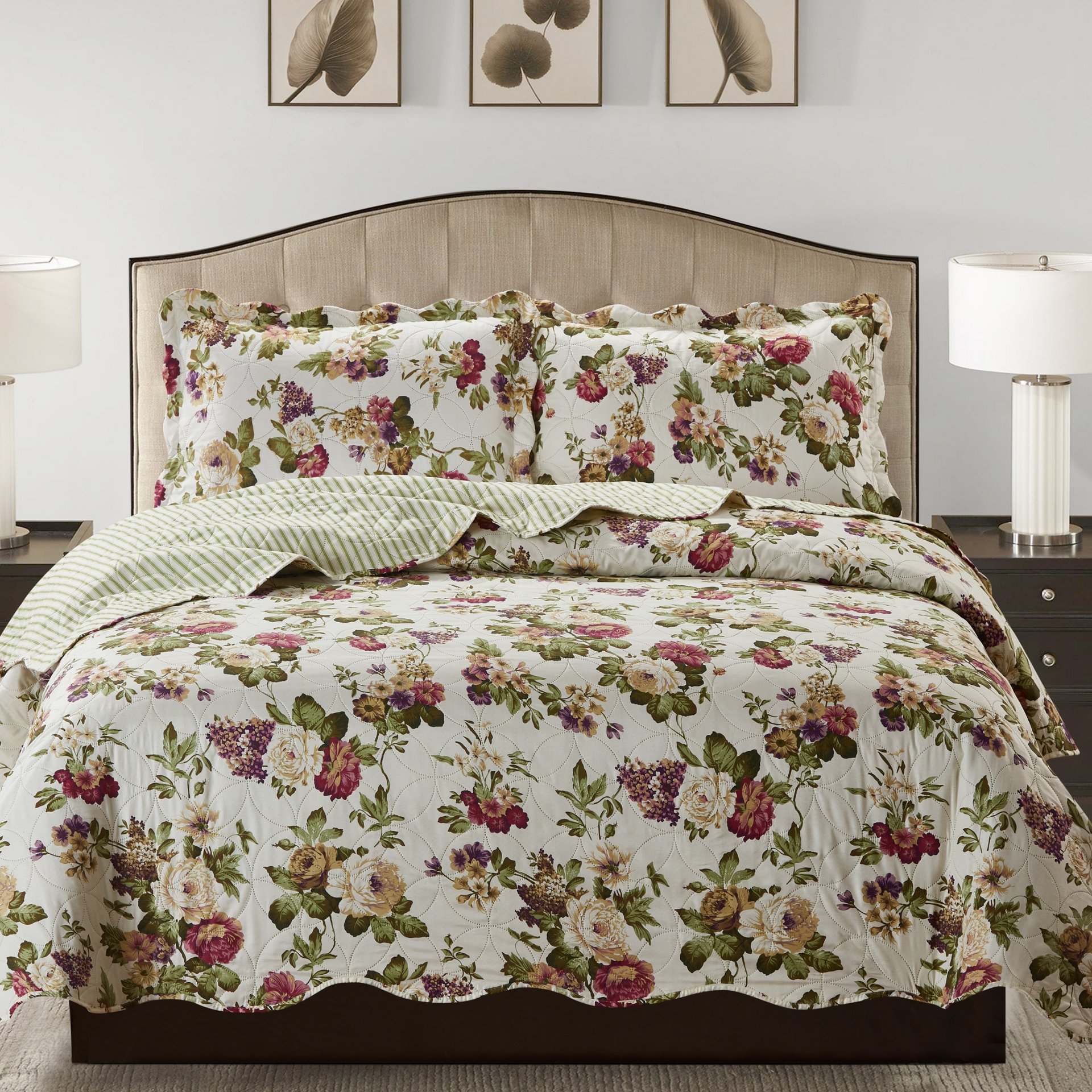 Jennifer 3 Piece Quilt Set in Green, featuring a quilt and two matching pillow shams, elegantly displayed on a bed.