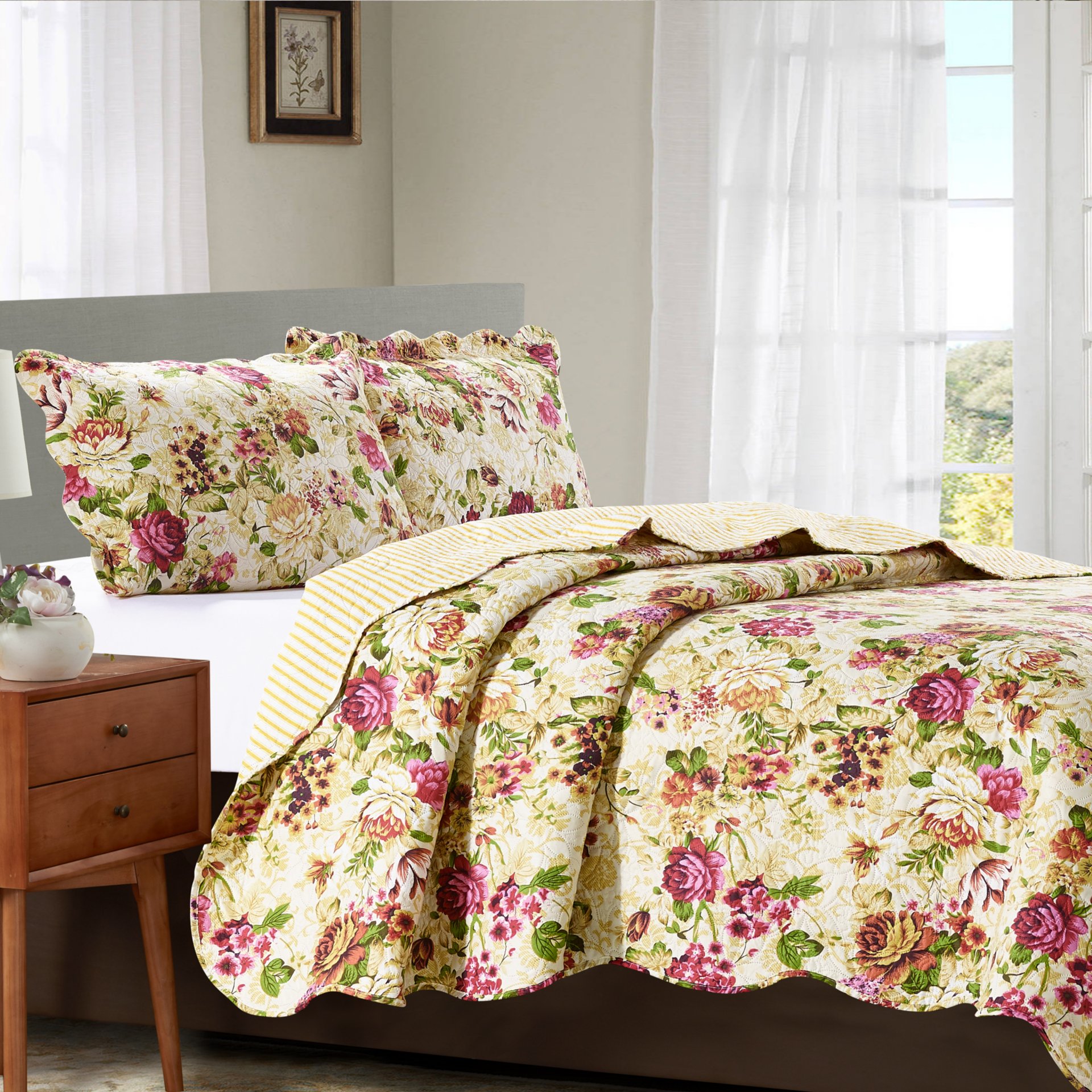 Jennifer 3 Piece Quilt Set in Ivory, featuring a soft quilt and two matching pillow shams, elegantly styled for a cozy bedroom.