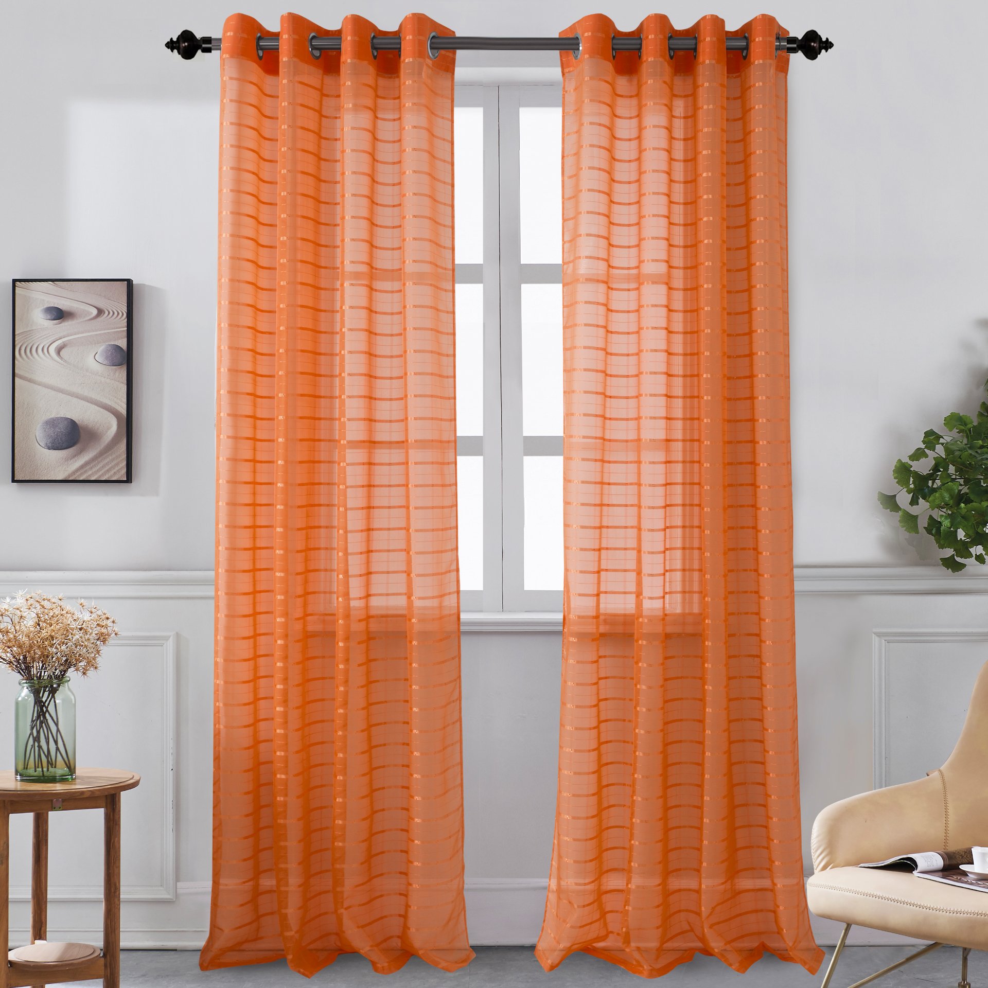 Set of two Karen Grommet Sheer Panels in assorted colors, featuring a modern grommet top design for easy hanging.