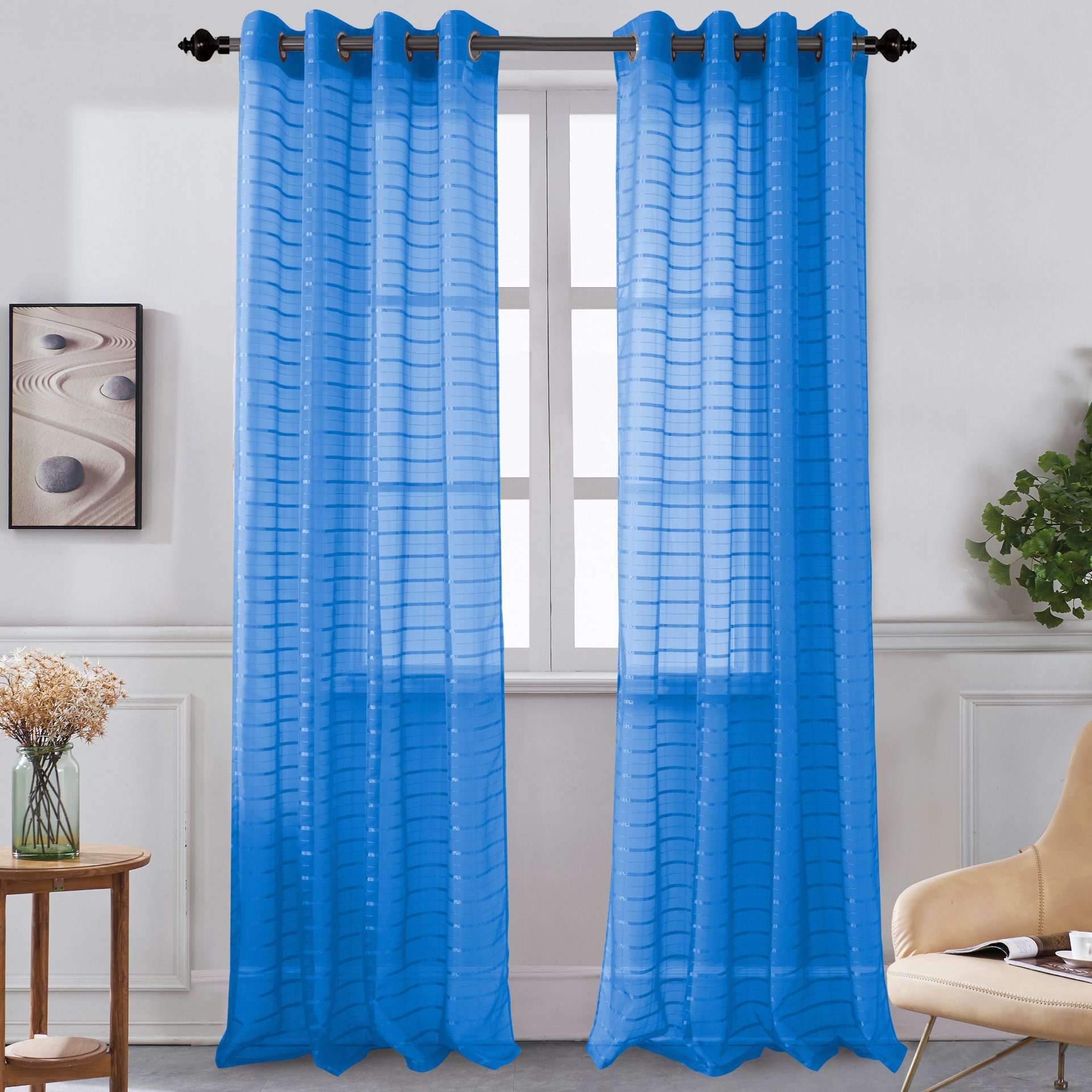 Set of two Karen Grommet Sheer Panels in assorted colors, featuring a modern grommet top design for easy hanging.