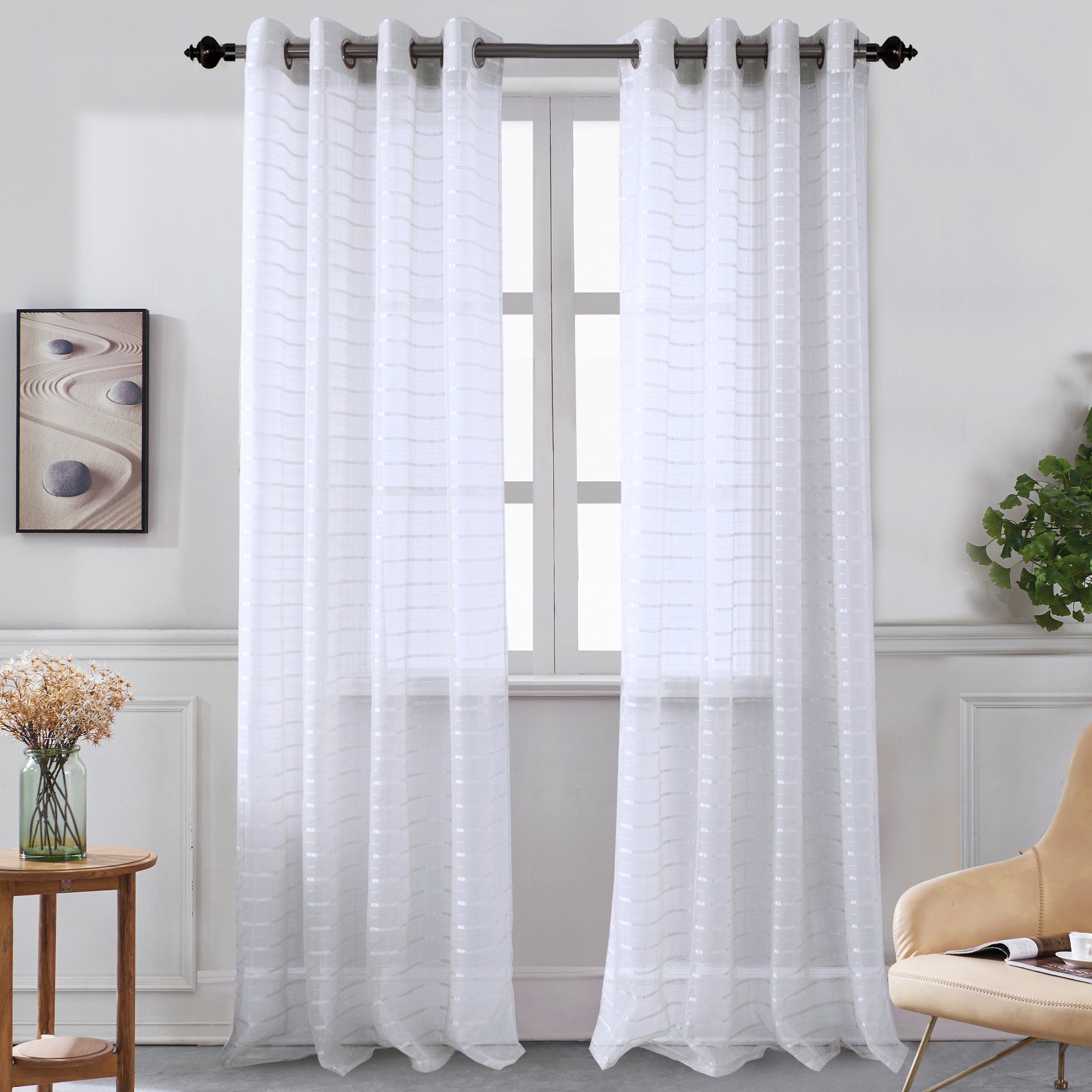 Set of two Karen Grommet Sheer Panels in assorted colors, featuring a modern grommet top design for easy hanging.