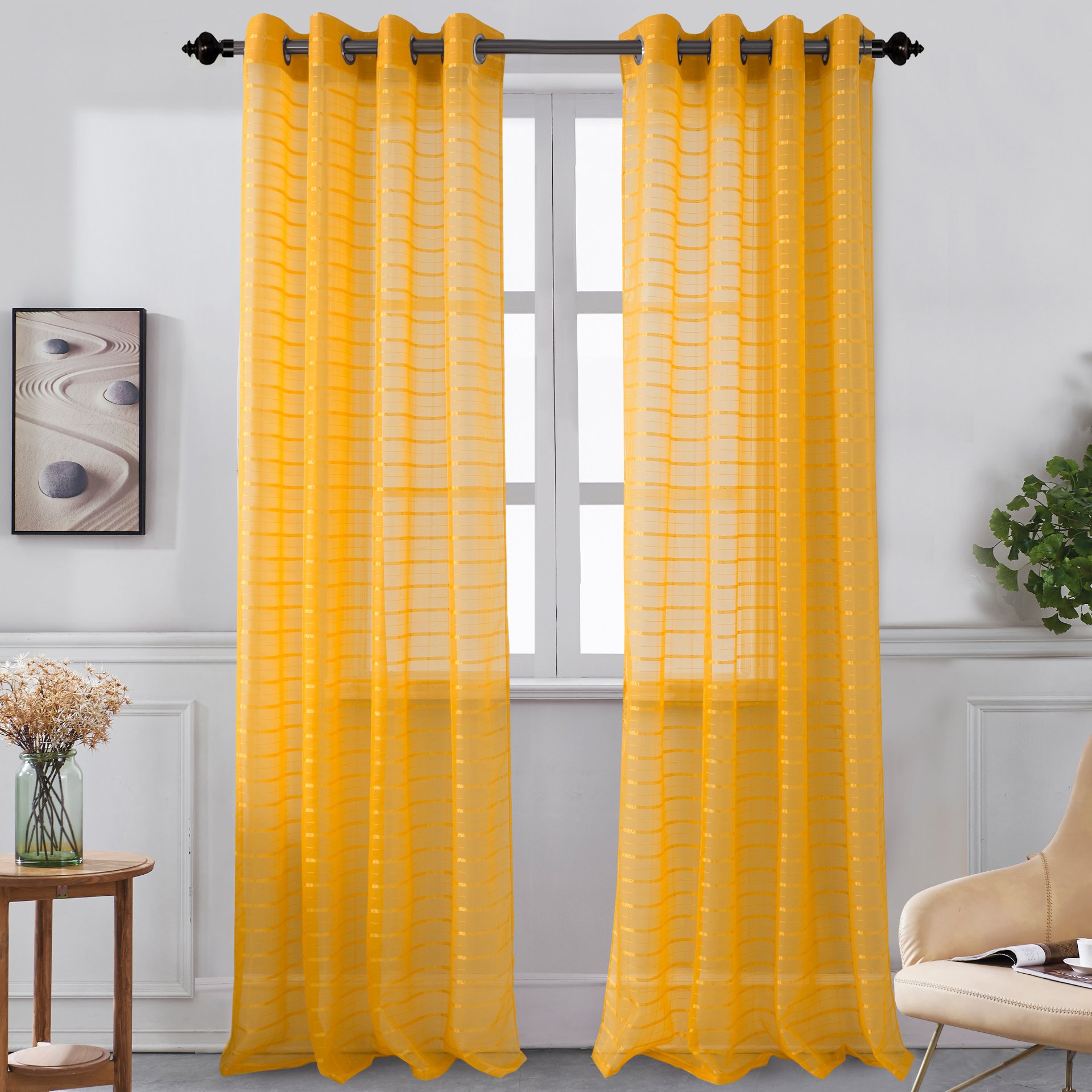 Set of two Karen Grommet Sheer Panels in assorted colors, featuring a modern grommet top design for easy hanging.