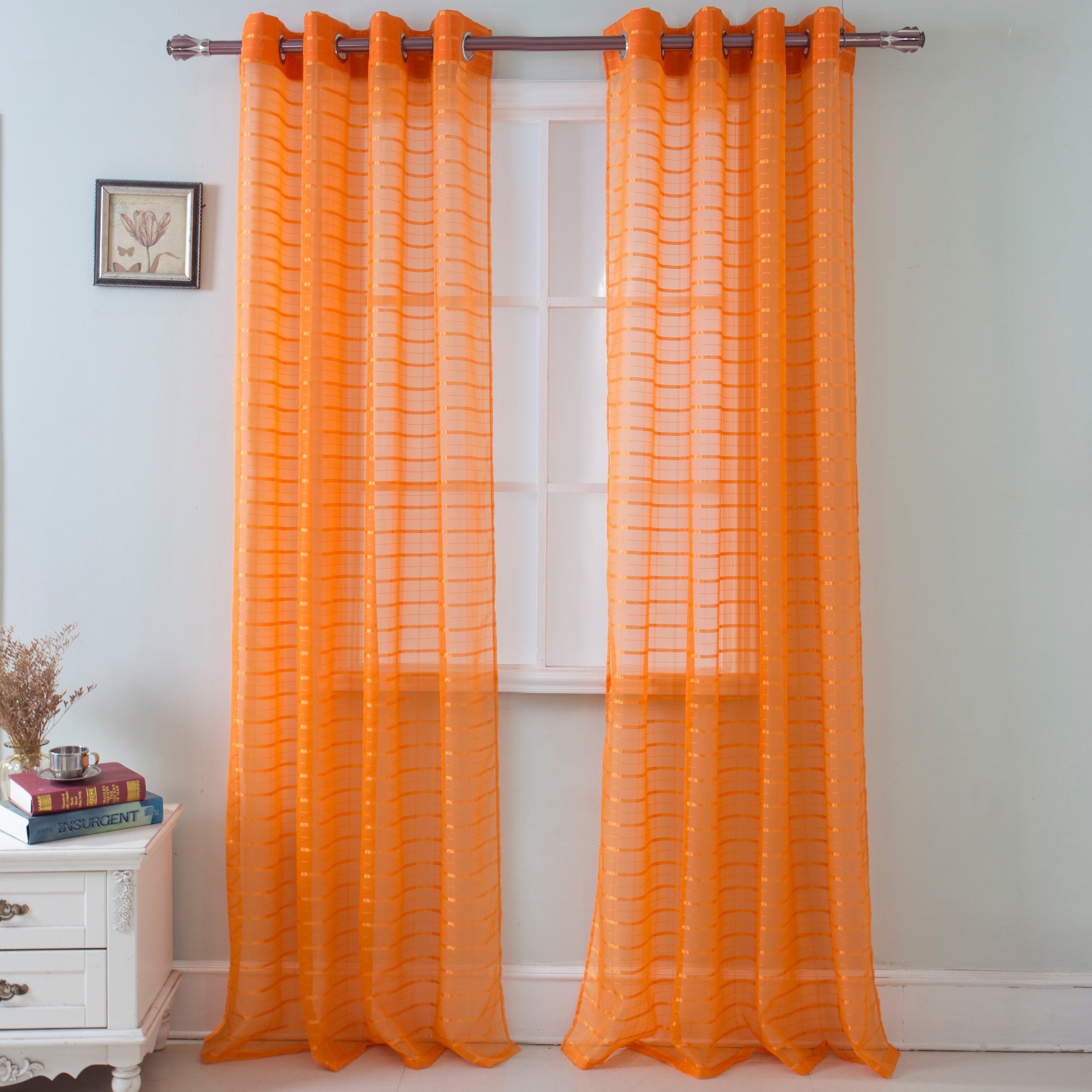 Set of two Karen Grommet Sheer Panels in assorted colors, featuring a modern grommet top design for easy hanging.