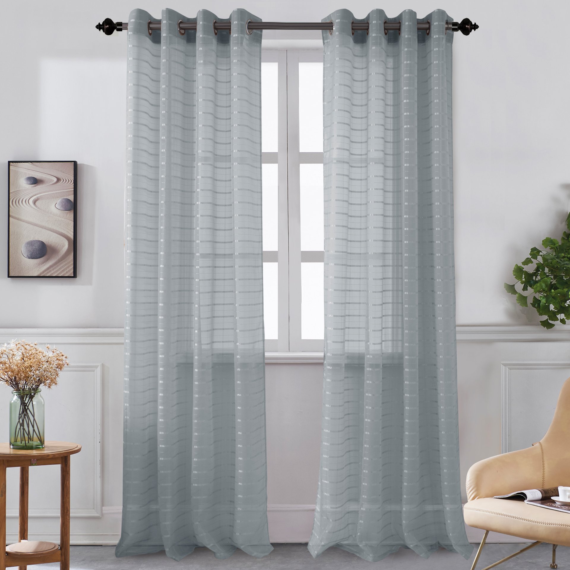 Set of two Karen Grommet Sheer Panels in assorted colors, featuring a modern grommet top design for easy hanging.