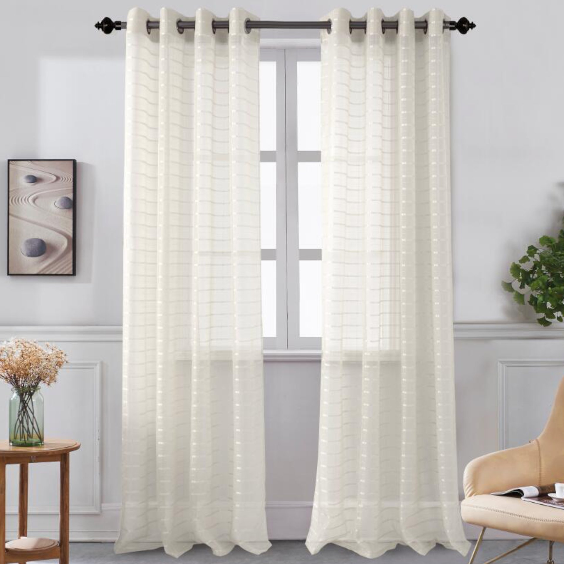 Set of two Karen Grommet Sheer Panels in assorted colors, featuring a modern grommet top design for easy hanging.