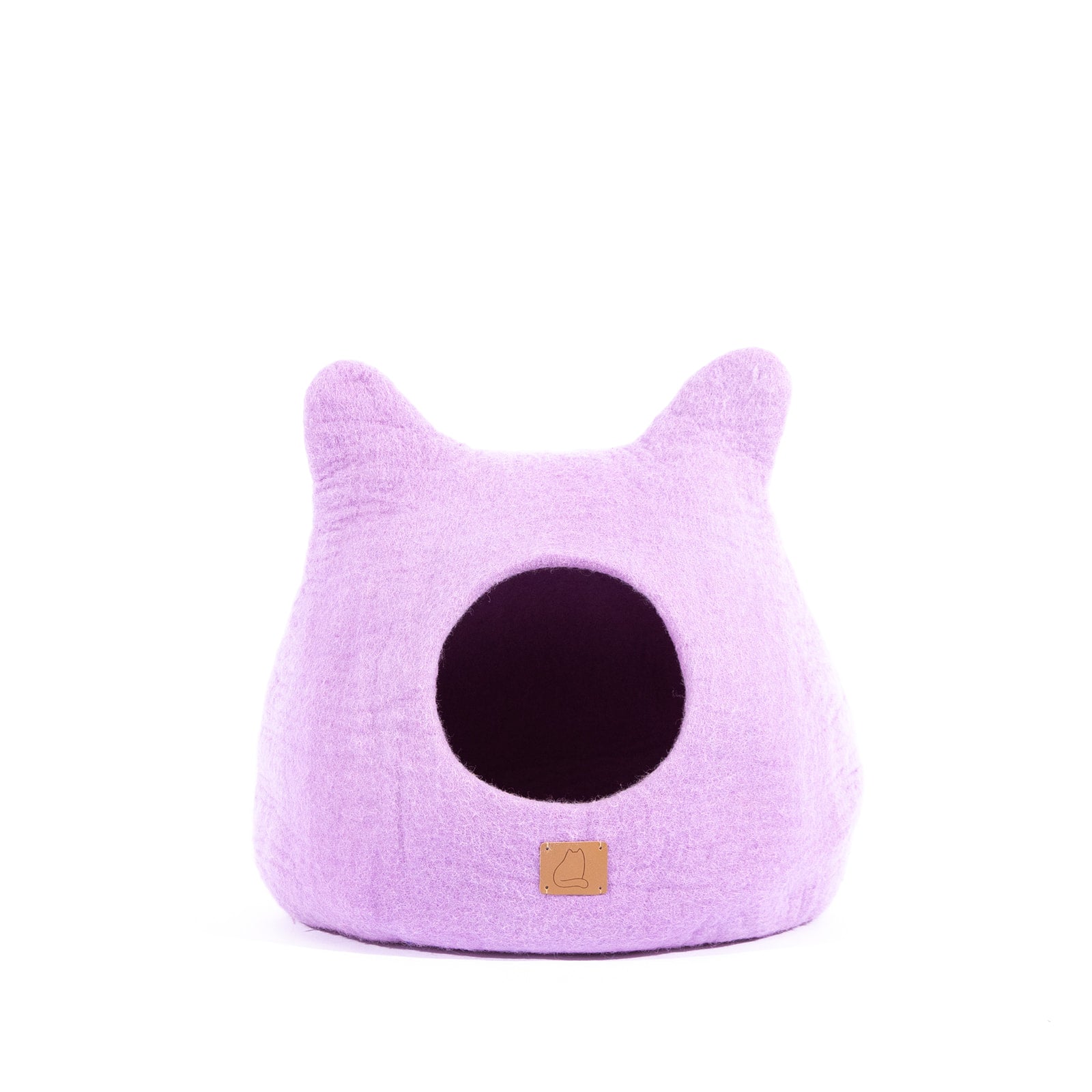 Lilac Purple Ear Style Cave made of felted wool, featuring a cozy design with a peekaboo opening, perfect for cats to snuggle and play.