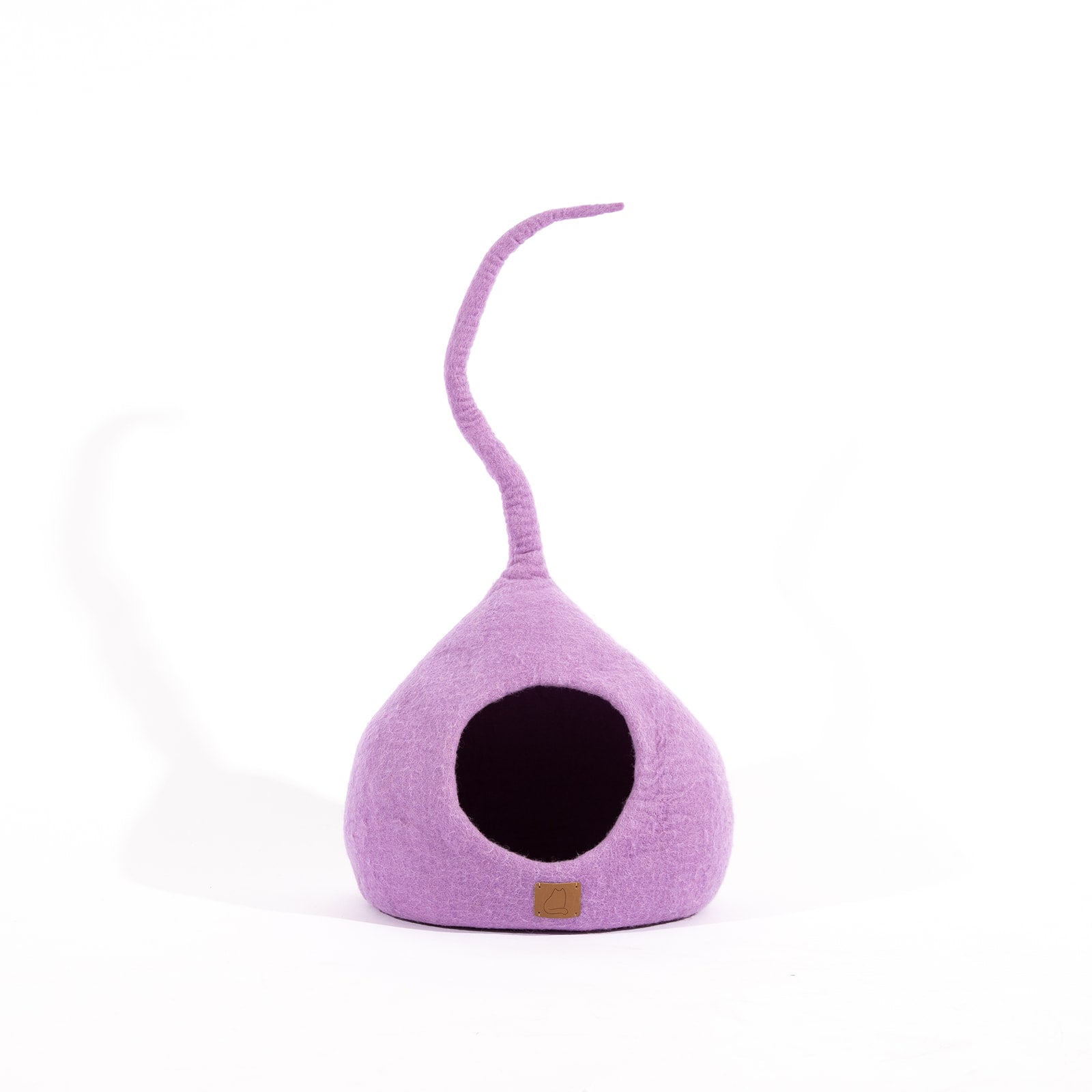 Lilac Purple Tail Style Cave, a cozy and stylish cat bed made from felted wool, featuring a peekaboo entrance and modern design.