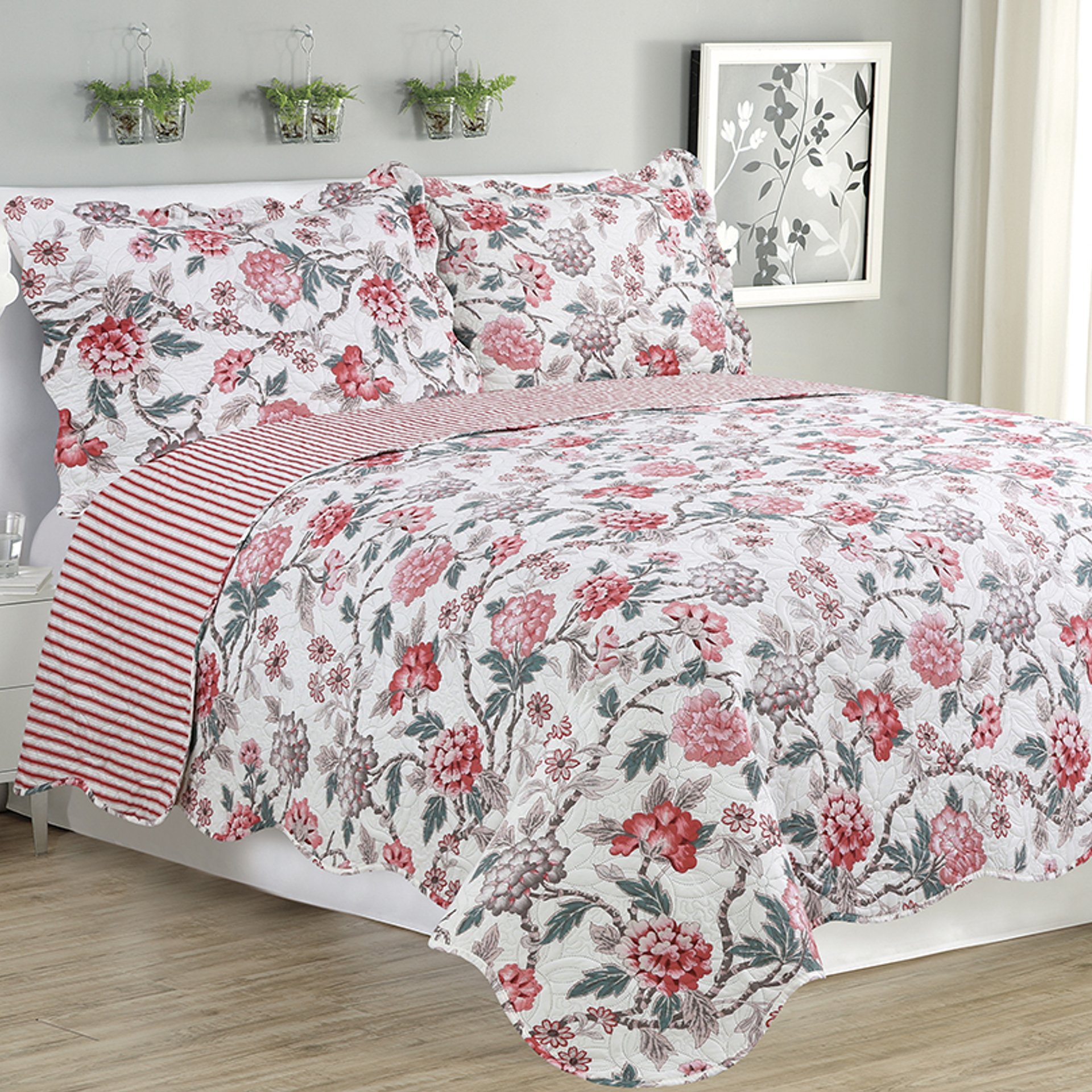 Melissa 3 Piece Quilt Set featuring a vibrant multi-color rose design, includes quilt and two matching pillow shams.