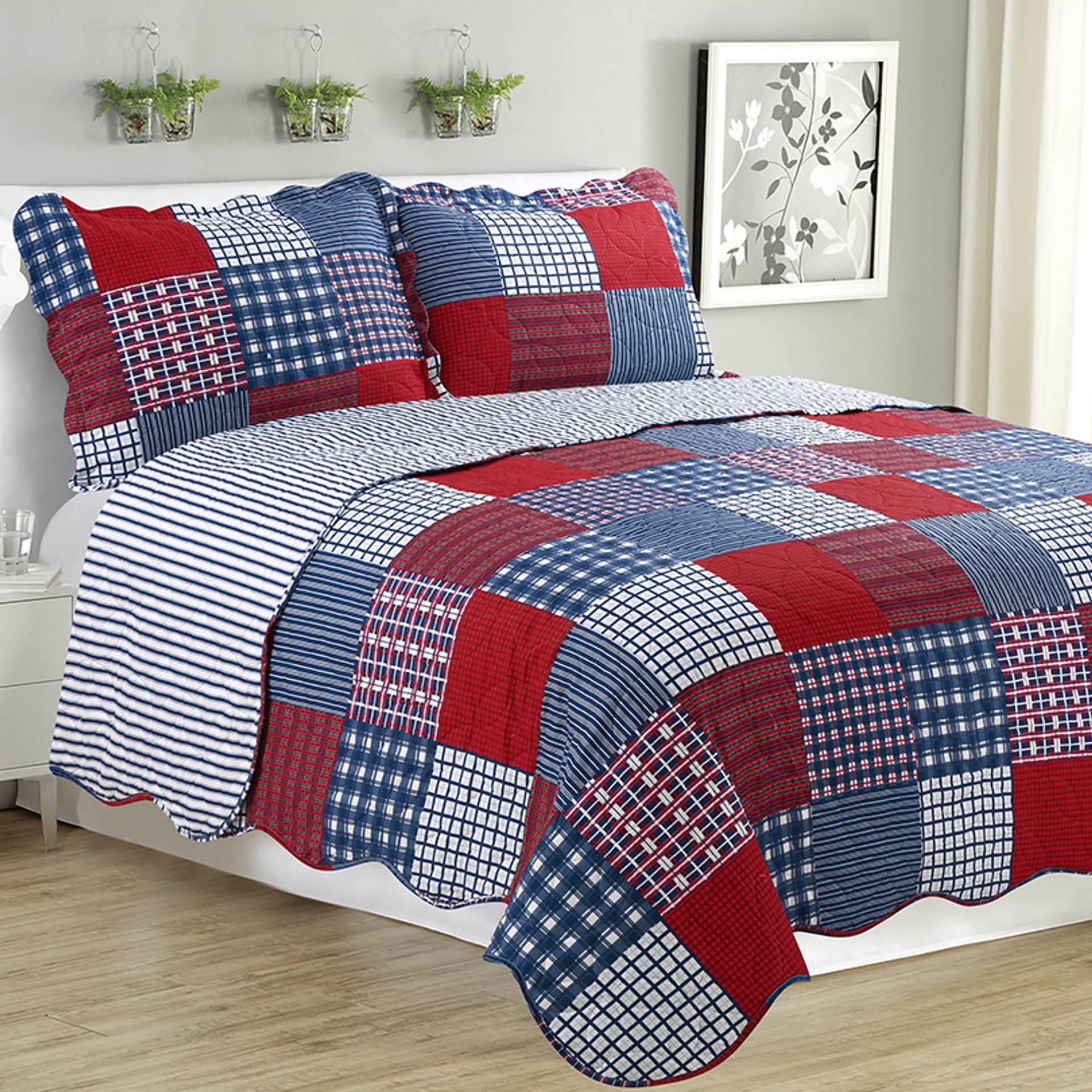 Melissa Navy Checker 3 Piece Quilt Set featuring a quilt and two matching pillow shams, showcasing a stylish checker pattern.