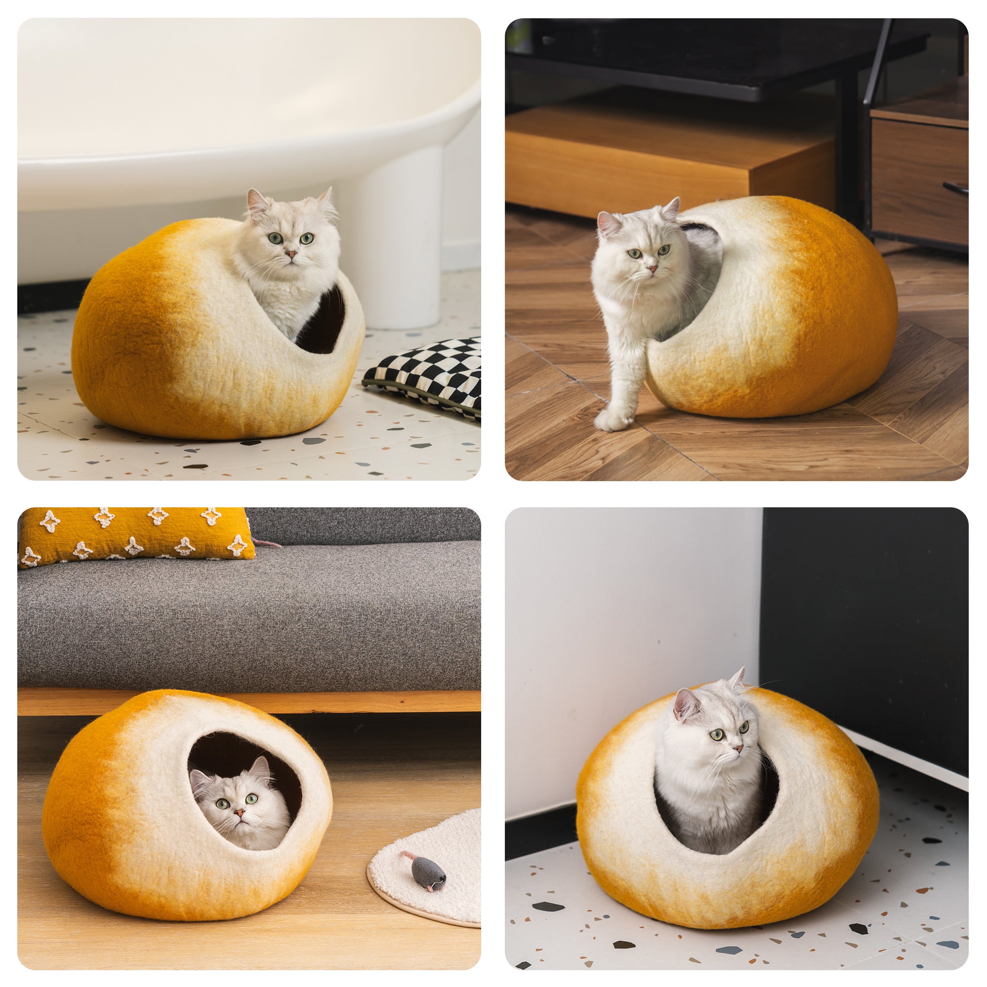 MewooFun Trendy Felt Cat Bed Cave in gray, showcasing its round shape and soft wool material, perfect for indoor cats.