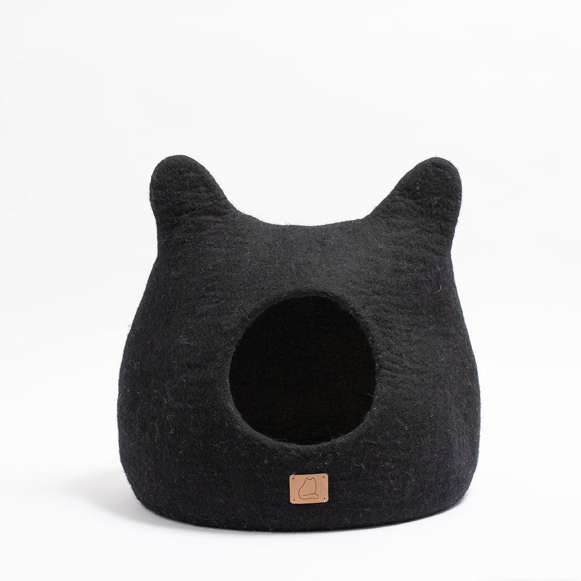 Night Black Ear Style Cave made of luxurious felted wool, featuring a peekaboo design for cats, elegantly styled for modern home decor.