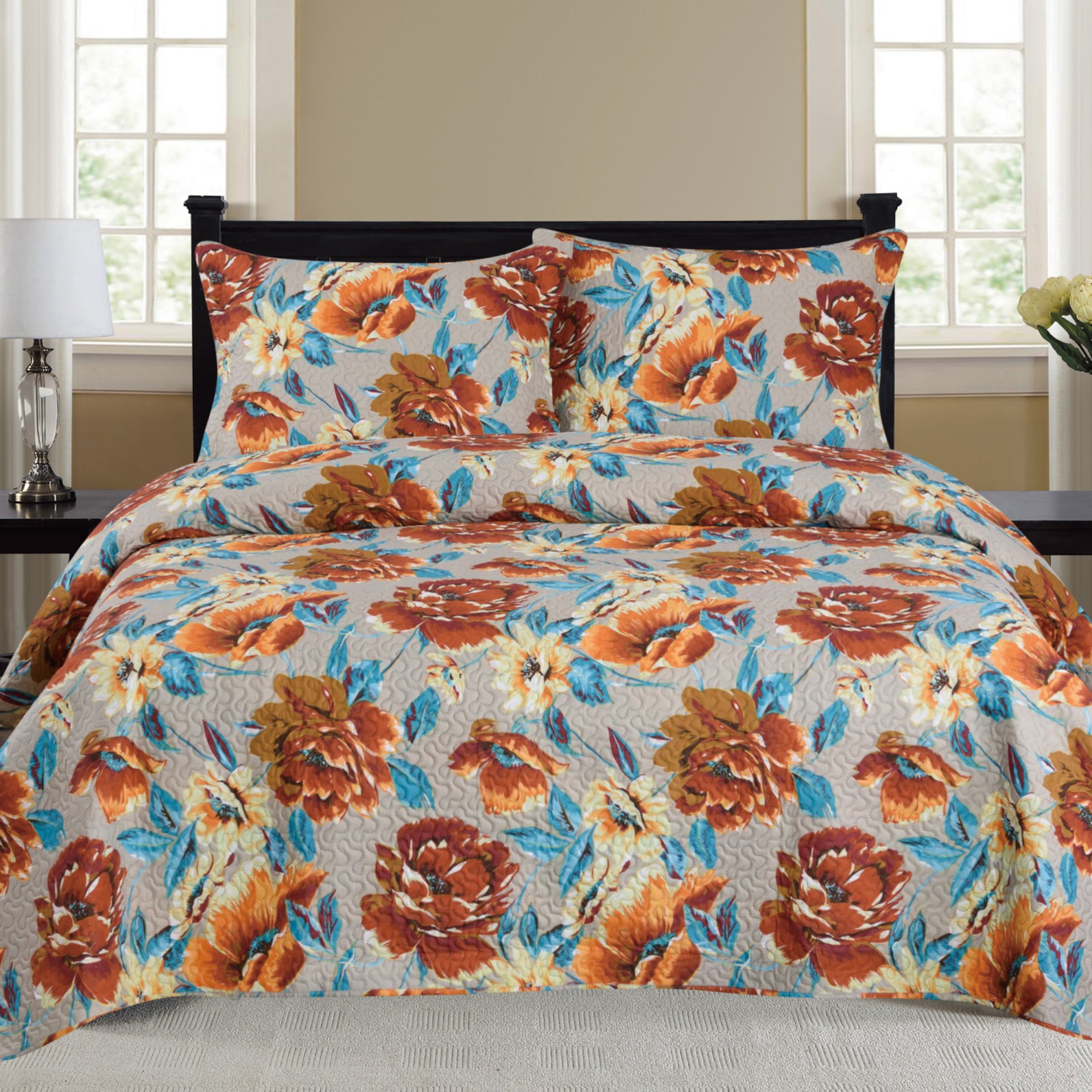 Nikki 3 Piece Quilt Set in Rust, featuring a cozy quilt and two matching pillow shams, perfect for enhancing bedroom decor.