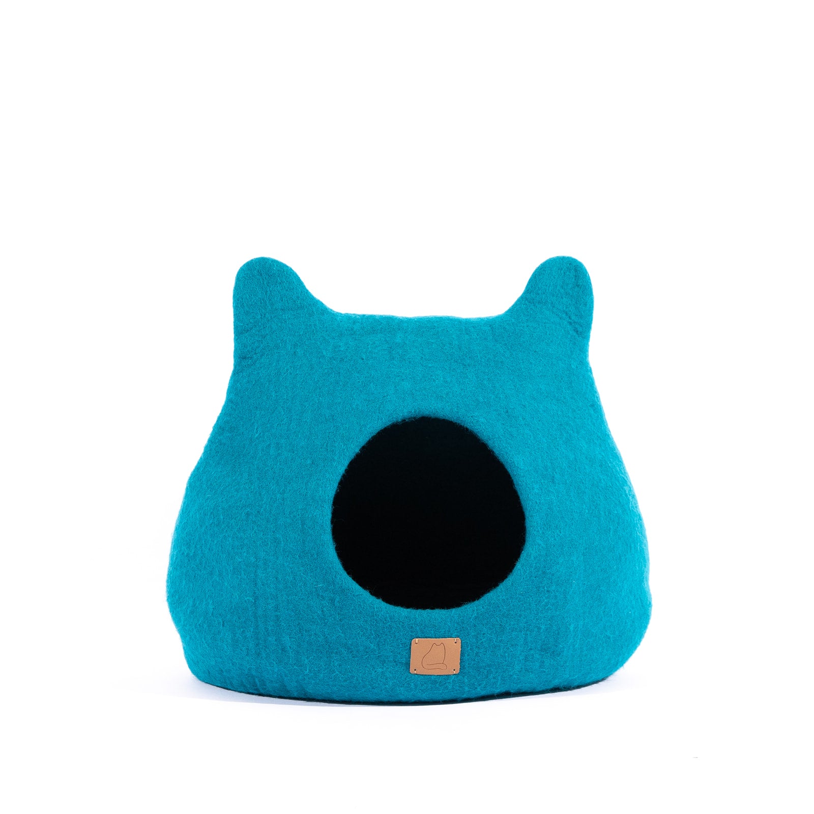 Ocean Blue Ear Style Cave made of luxurious felted wool, featuring a peekaboo design for cats, showcasing its elegant and cozy structure.