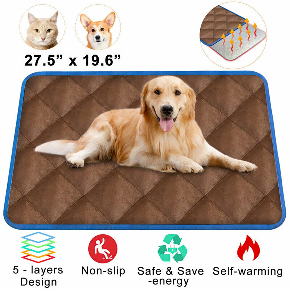 Self heating thermal mattress bed for dogs and cats, featuring a durable brown cotton exterior, designed for comfort and warmth.