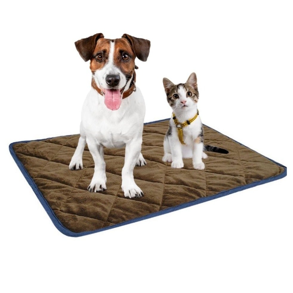 Self heating thermal mattress bed for dogs and cats, featuring a durable brown cotton exterior, designed for comfort and warmth.