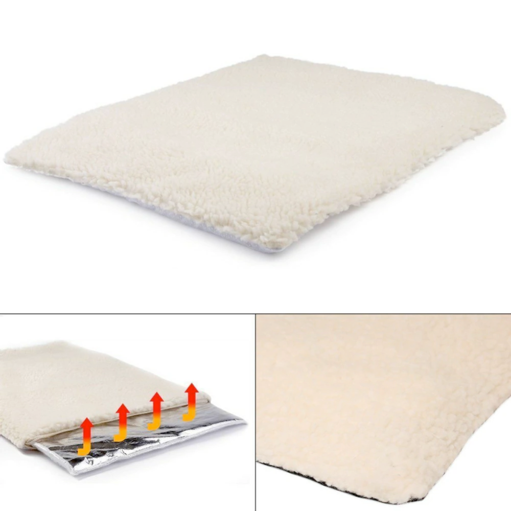 Self Warming Fleece Pet Mat in khaki color, featuring a soft fleece surface and non-slip bottom, ideal for keeping pets warm in cold weather.