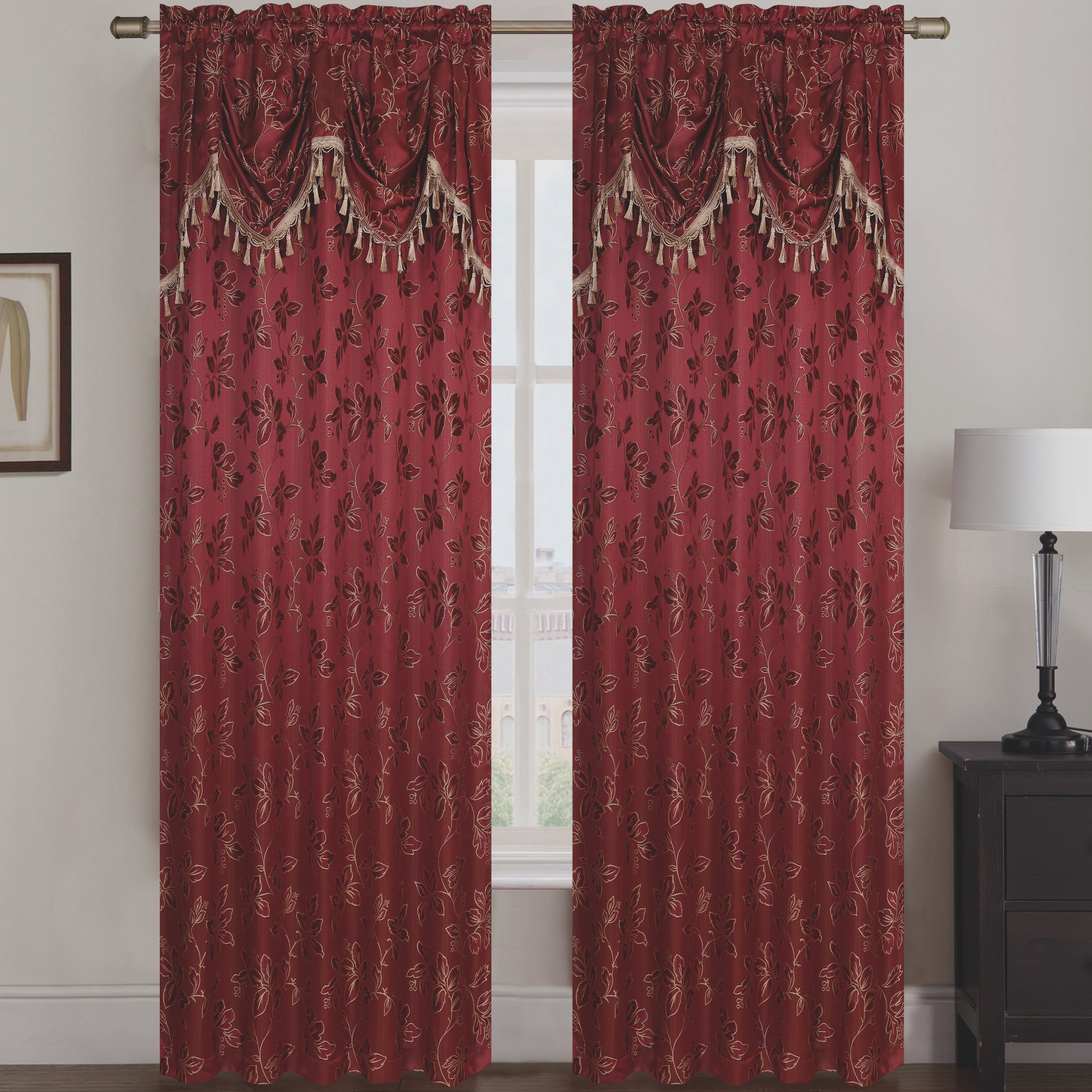 Shelly Jacquard Rod Pocket Panel Set of Two with Attached Valance, showcasing elegant fabric design and rich texture.