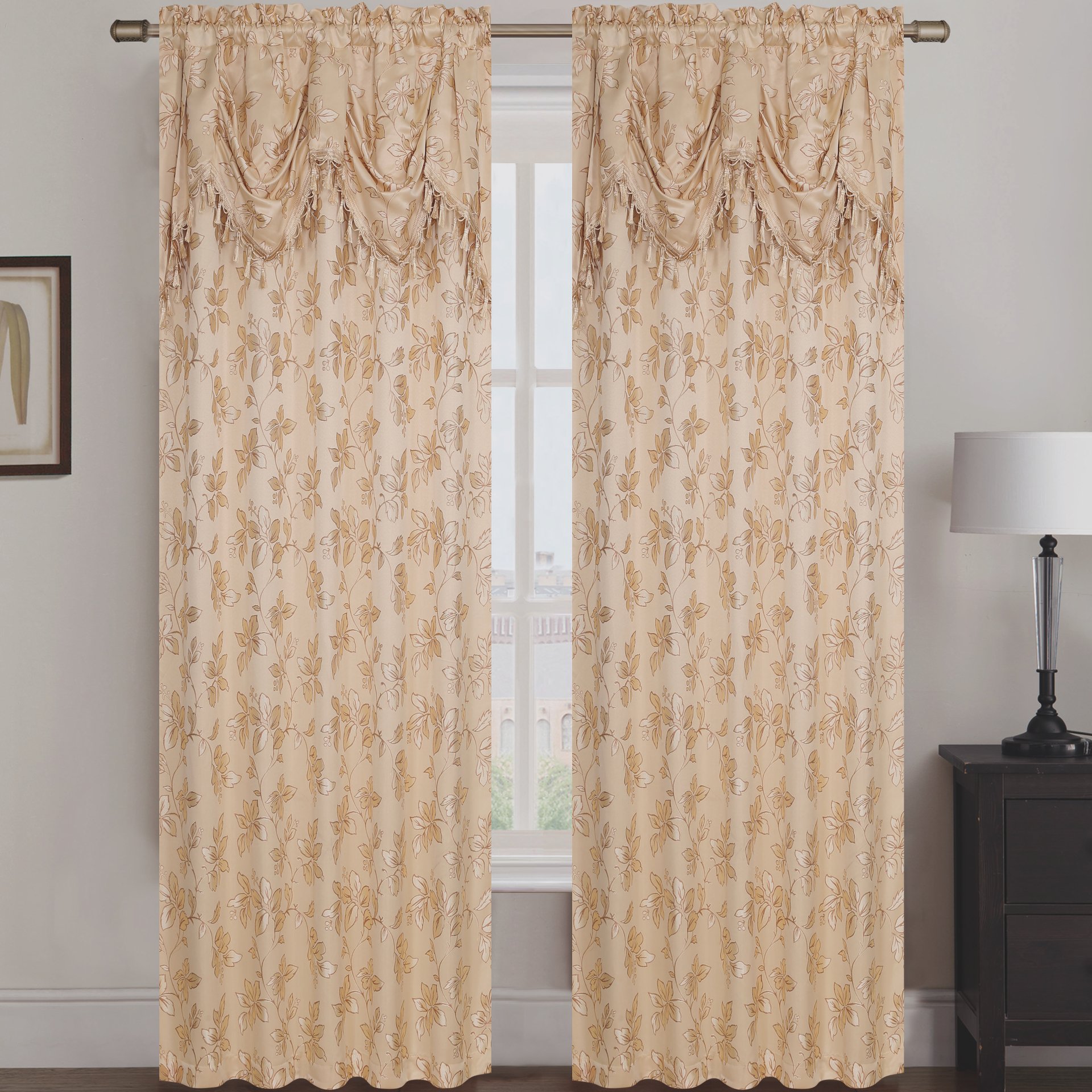 Shelly Jacquard Rod Pocket Panel Set of Two with Attached Valance, showcasing elegant fabric design and rich texture.