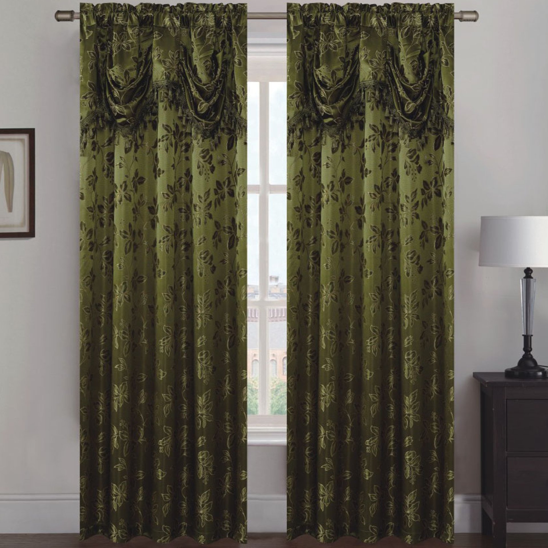 Shelly Jacquard Rod Pocket Panel Set of Two with Attached Valance, showcasing elegant fabric design and rich texture.